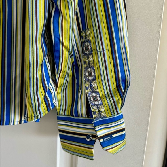 ROBERT GRAHAM Men Lime GreenBlackBlue Striped ButtonUp Cotton Silk Like Shirt-LG - Picture 9 of 11